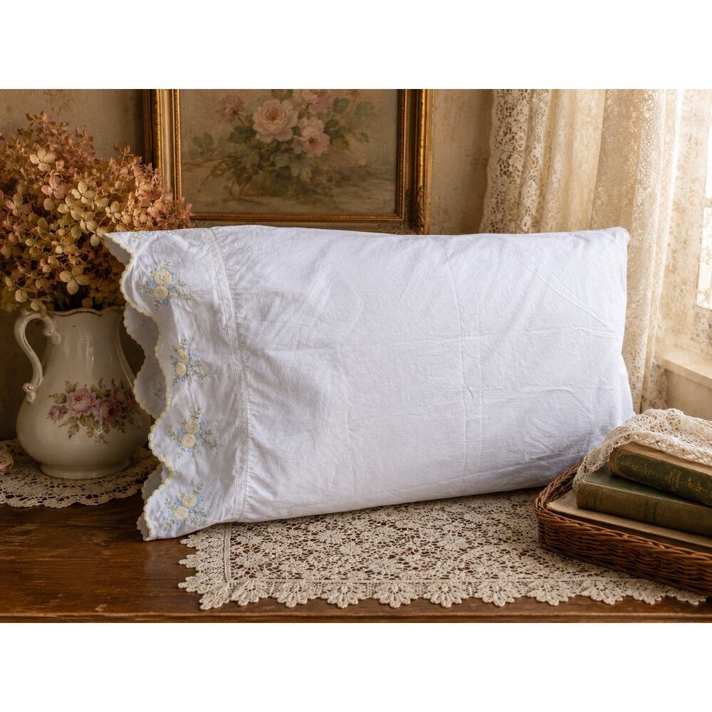 Vintage Hand Embroidered White Yellow Cotton Pillow Cover 31x22
